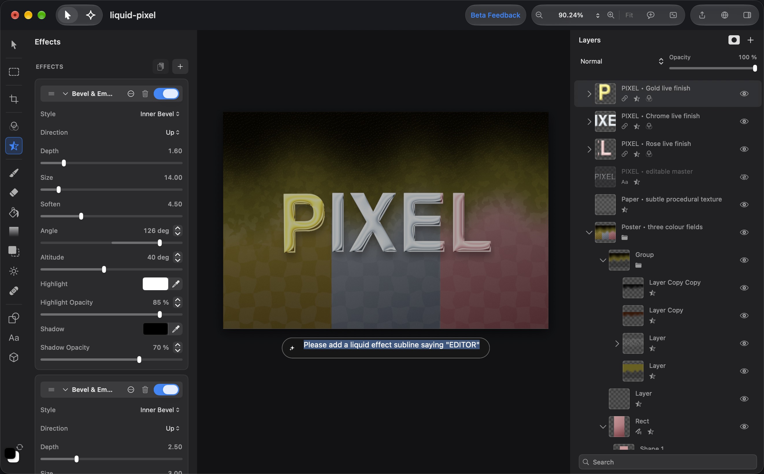 Pixellect editing a metallic PIXEL design, with live effects on the left, separate editable layers on the right, and an AI prompt beneath the canvas