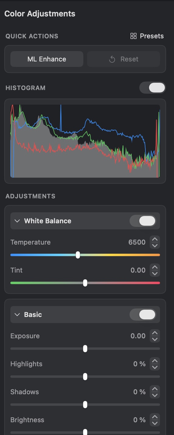 Color adjustments inspector