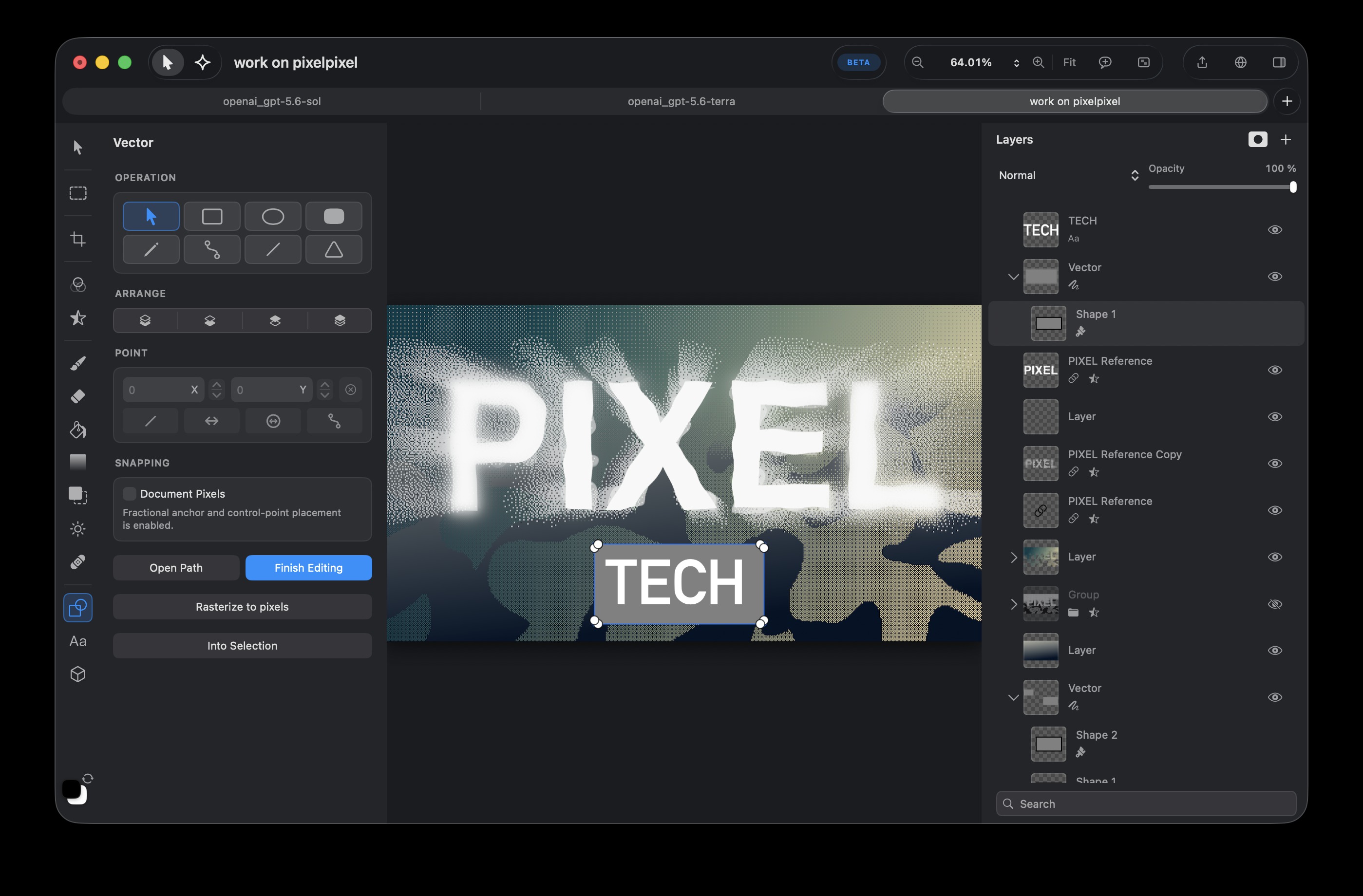 Pixellect vector editing controls and canvas
